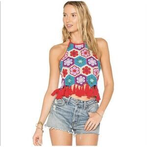 SHOW ME YOUR MUMU Dylan Crochet Halter Crop Top M Red Hippie Boho Festival